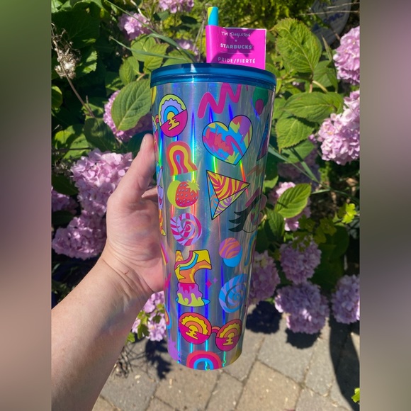 Starbucks + Tim Singleton NWT PRIDE Holographic Silver Emoji 24oz Tumbler - Picture 4 of 8